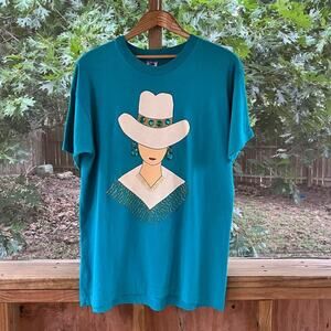 Country Charm Women's Vintage Teal Cowgirl T Shirt Size L